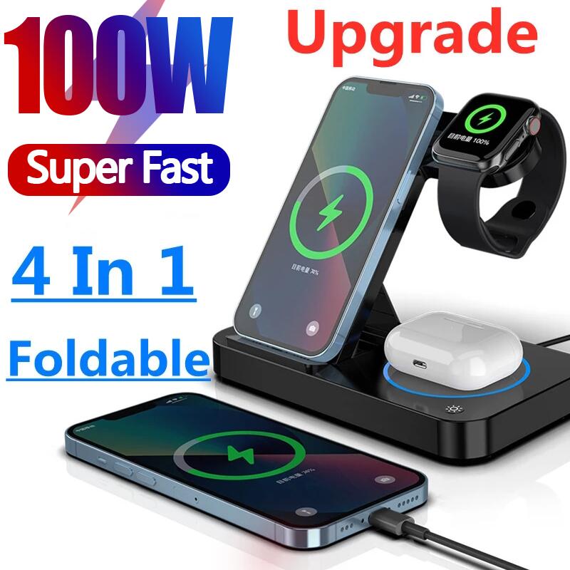 100W 4 in 1 Foldable Wireless Charging Station For iPhone 14 13Pro Apple Watch 7/6 For Samsung Galaxy Watch Chargers 4/3 S22 S21